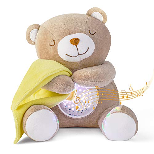Peluche Bebés Musical, APUNOL USB Recargable Proyector Bebes Luces y Musica JugueteTeddy regalos para bebes recien nacidos, Sensor de llanto y 18 Canciones de Cuna