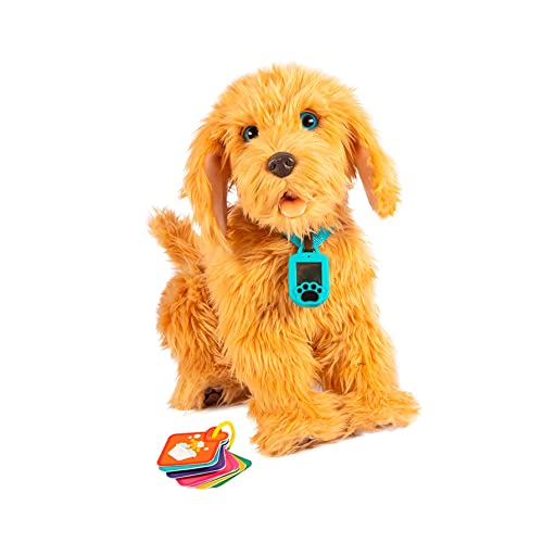 Famosa - Moji, Perro de peluche labrador interactivo, con más de 150 reacciones y trucos, tiene sonidos y movimientos, un collar inteligente emociones para los cuidados y accesorios, (700016894)