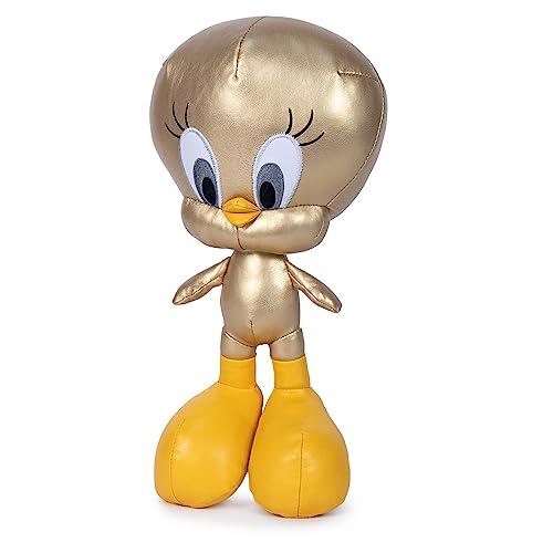 Famosa Softies - Peluche Piolín 100 Aniversario Warner Bross, de Color Dorado y Plateado, Tweety de los Looney Tunes, 35cm, Textura Suave, para Regalar a niños y niñas de Cualquier Edad (760021803)