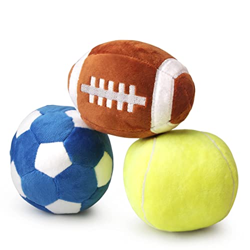 3 piezas de juguetes para perros medianos, juguetes para cachorros para perros pequeños, pelota de rugby, fútbol y pelotas de tenis para perros, rellenos con esponjoso juguete para perros chirriante,