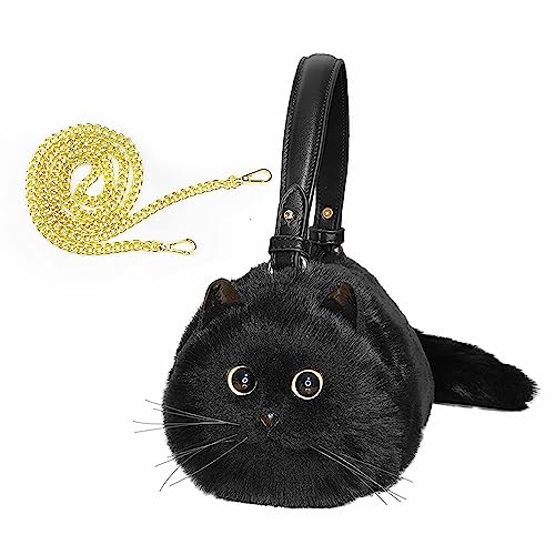 HUIJUFU Bolso bandolera de forma realista y esponjosa con forma de gato de peluche para mujeres (Gato negro)